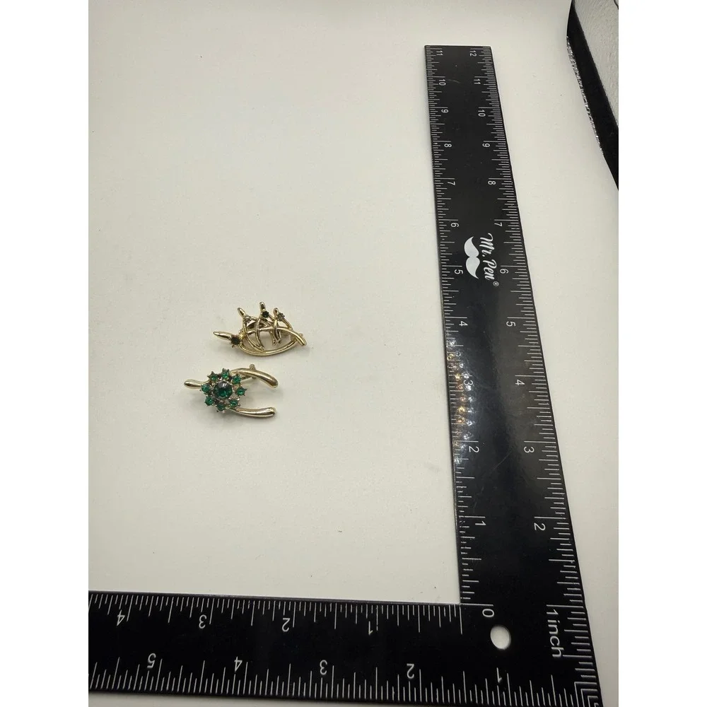 Vintage Gold Tone Brooch Set‎ Green Rhinestone Wishbone Abstract Modernist Pins